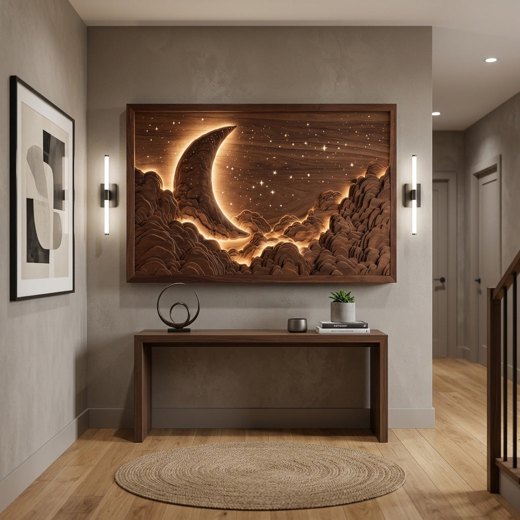 Moon and Stars Wood Wall Art, Hand-Carved Nursery and Bedroom Decor