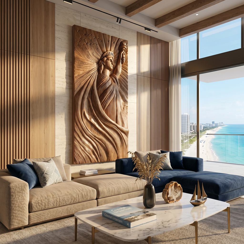 Coastal Modern Statue of Liberty Wood Wall Art, Handcrafted 3D Wooden Icon Sculpture Panel for Luxury Beach Villa Bedroom Decor