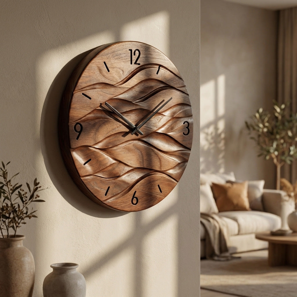 Organic Modern Wood Wave Wall Clock, 3D Hand-Carved Fluid Abstract Clock
