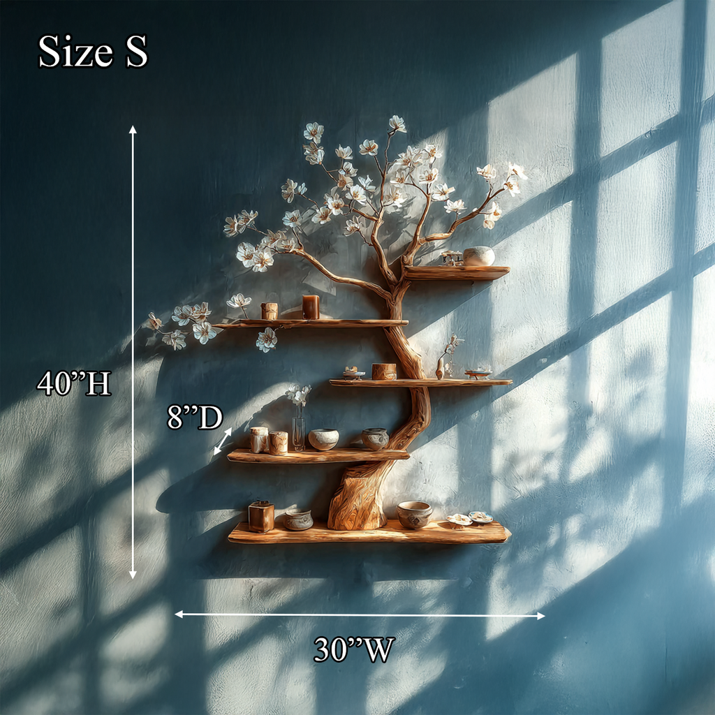 Tree Wall Shelf, Apricot Branch Solid Wood Bookshelf Art Display