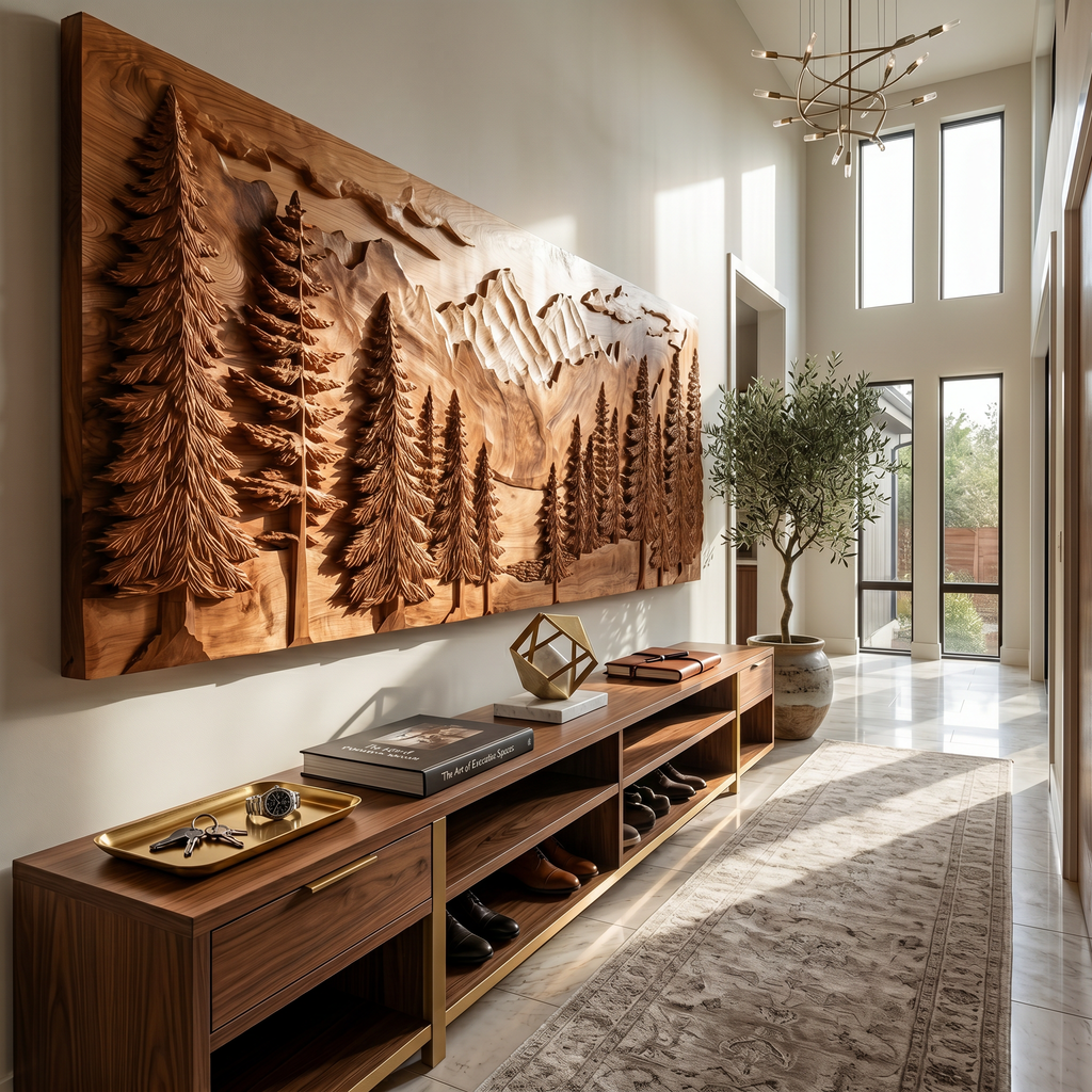 Luxury Carved Pine Forest Wood Wall Art, 3D Handcrafted Woodland Tree Nature Landscape Panel for Cabin Lodge Living Room Decor