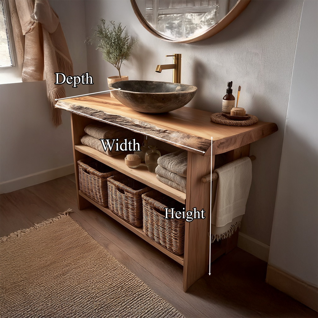 Rustic Bathroom Vanity with Open Storage, Live Edge Reclaimed Wood