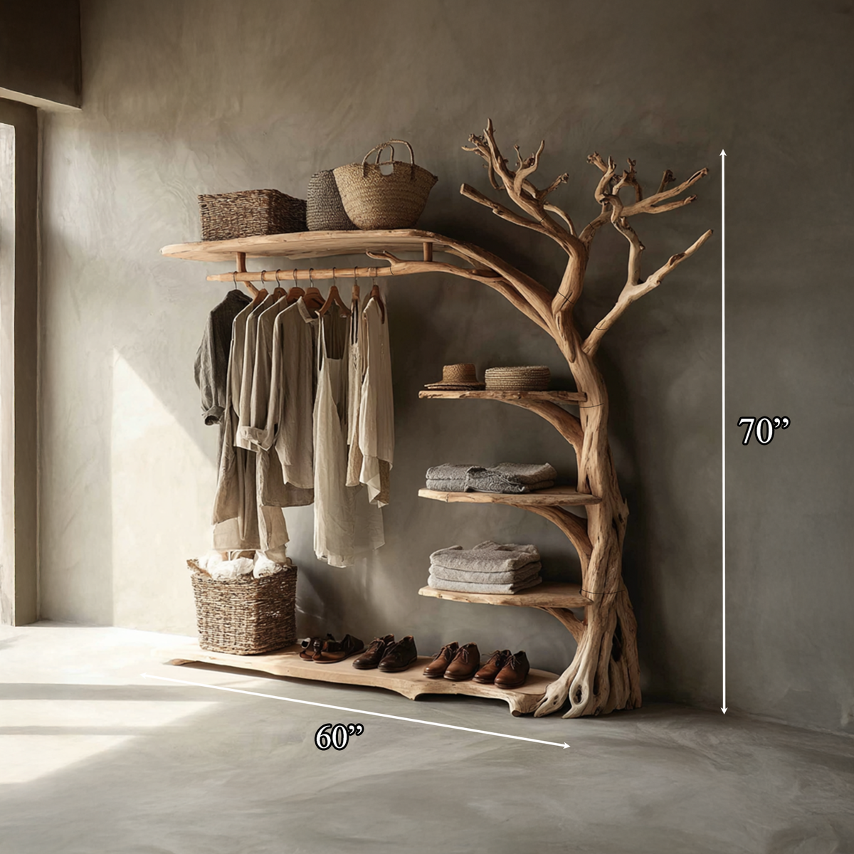 Rustic Tree Coat Rack with Shoe Shelf Live Edge Entryway Organizer