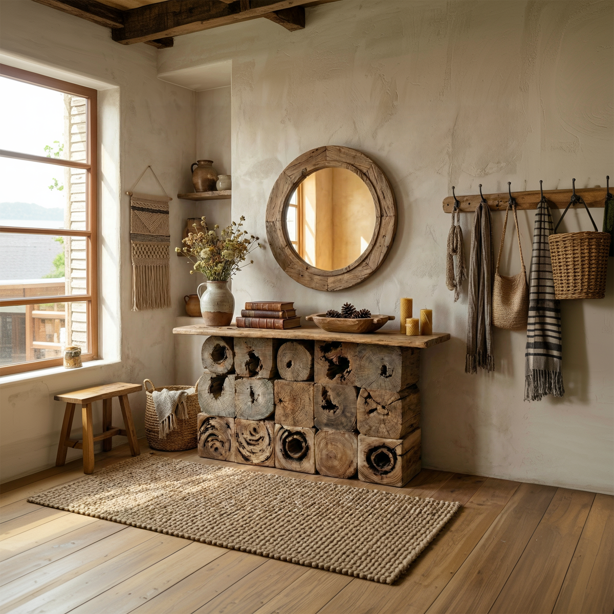 Log Console Table, Rustic Natural Wood Round Mosaic Entryway Table