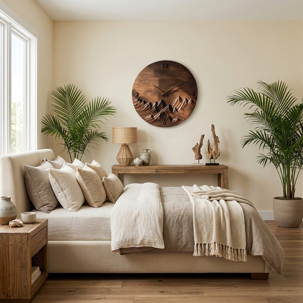 Modern Wall Clock Mountain Landscape, Handcrafted Wooden Hanging Art Timepiece