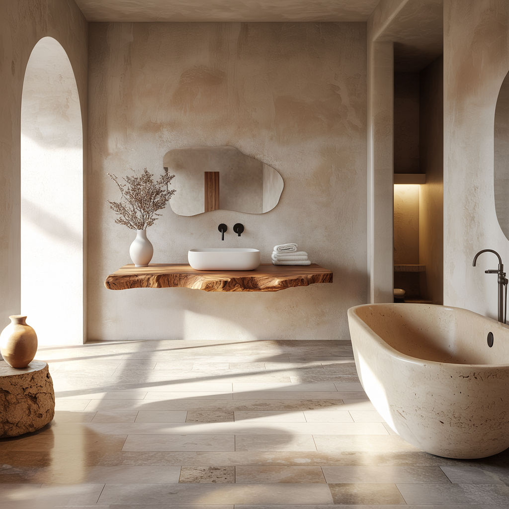 Contemporary Spa Bathroom Vanity Floating Live Edge Wood Counter