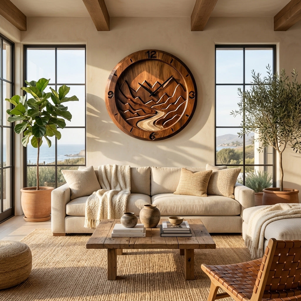 Rustic Wood Wall Clock, Mountain Landscape 3D Hand-Carved Nature Scene Wooden Clock
