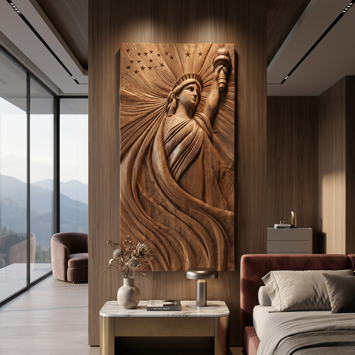 Coastal Modern Statue of Liberty Wood Wall Art, Handcrafted 3D Wooden Icon Sculpture Panel for Luxury Beach Villa Bedroom Decor