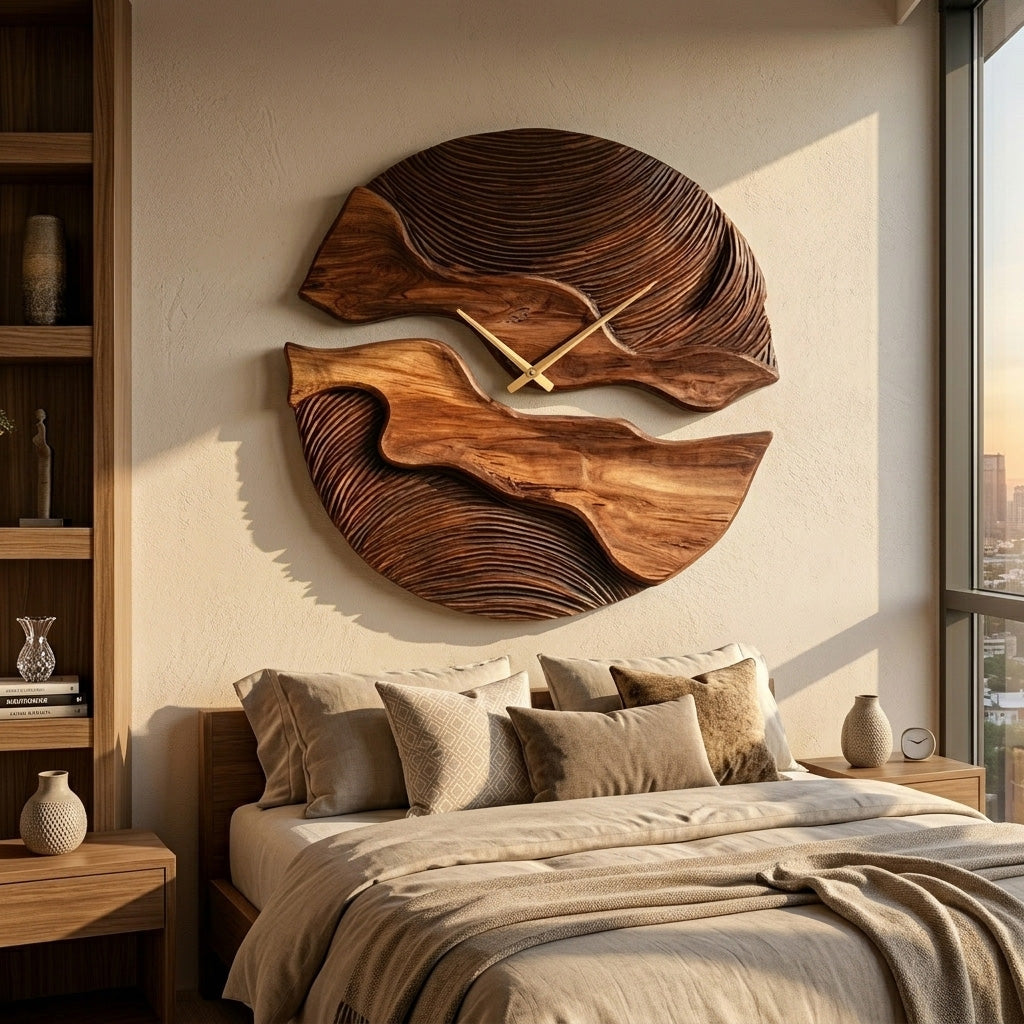 Organic Wooden Wall Clock, Handcrafted Unique Shape Solid Wood Timepiece