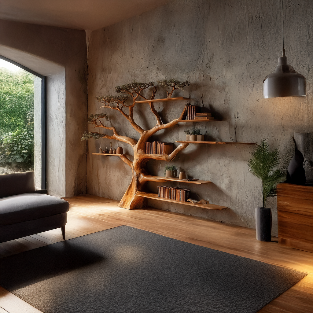 Rustic Tree Bookshelf, Wide Branch Library Wall for Living Rooms
