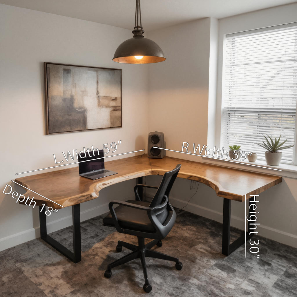 Live Edge L-Shaped Desk, Solid Wood Corner Desk With Metal Legs