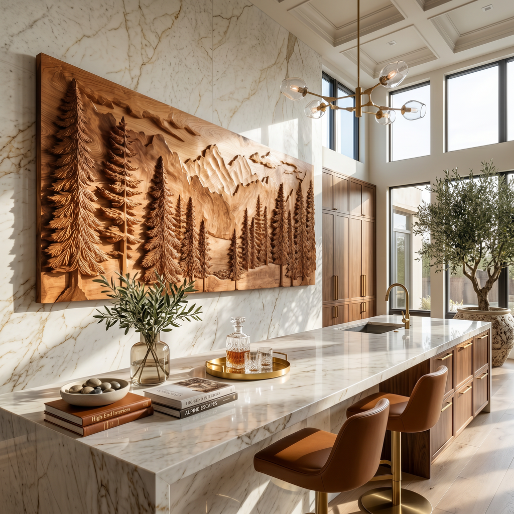 Luxury Carved Pine Forest Wood Wall Art, 3D Handcrafted Woodland Tree Nature Landscape Panel for Cabin Lodge Living Room Decor