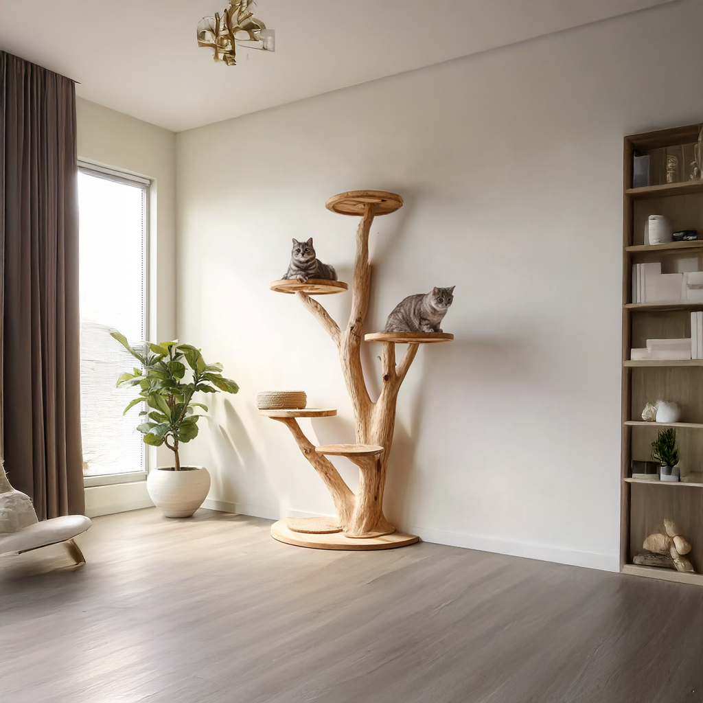 Tree Cat Tower, Rustic Solid Wood Climbing Tree for Bedroom