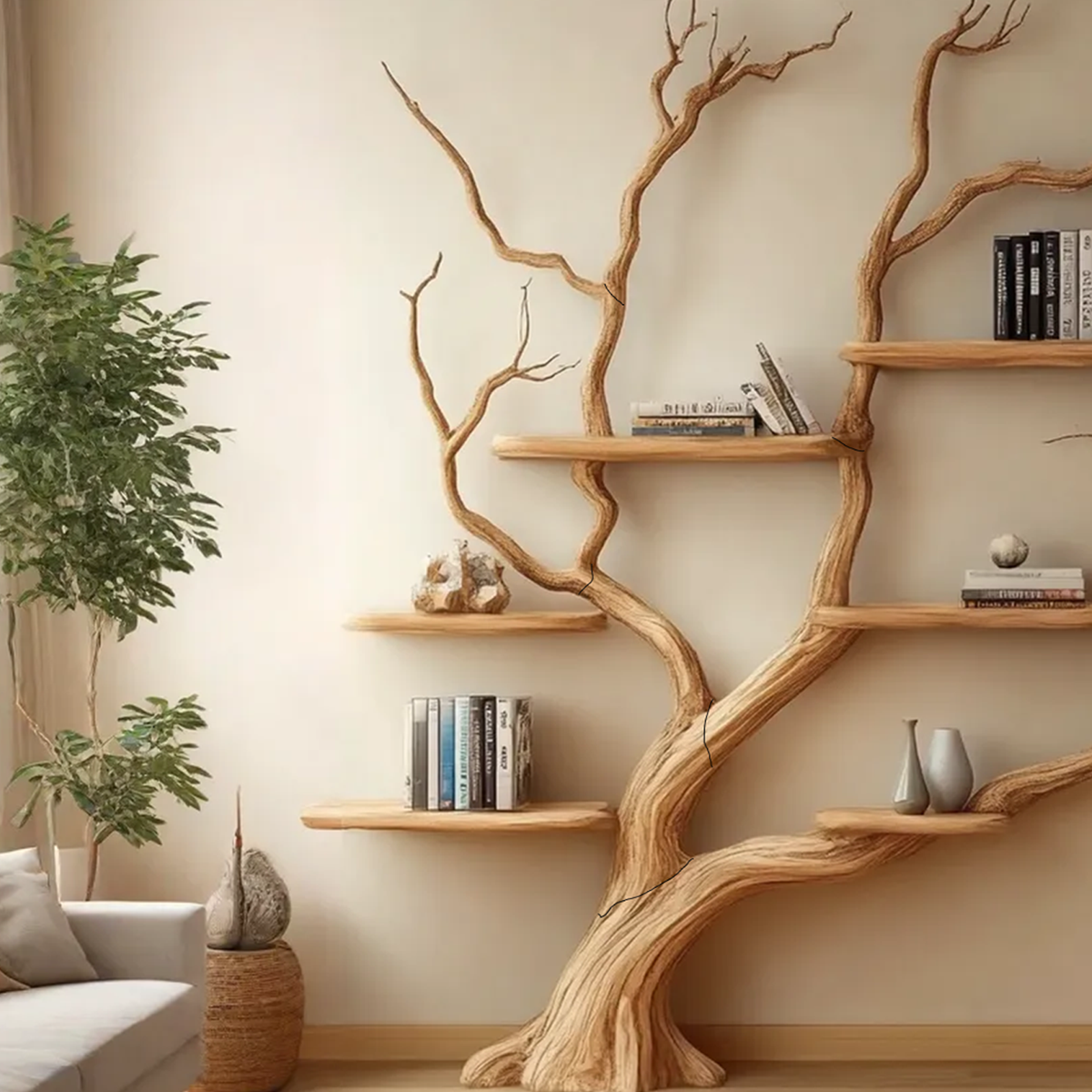 Branch Tree Wall Shelf, Rustic Wall Mounted Bookshelf, Extra Wide