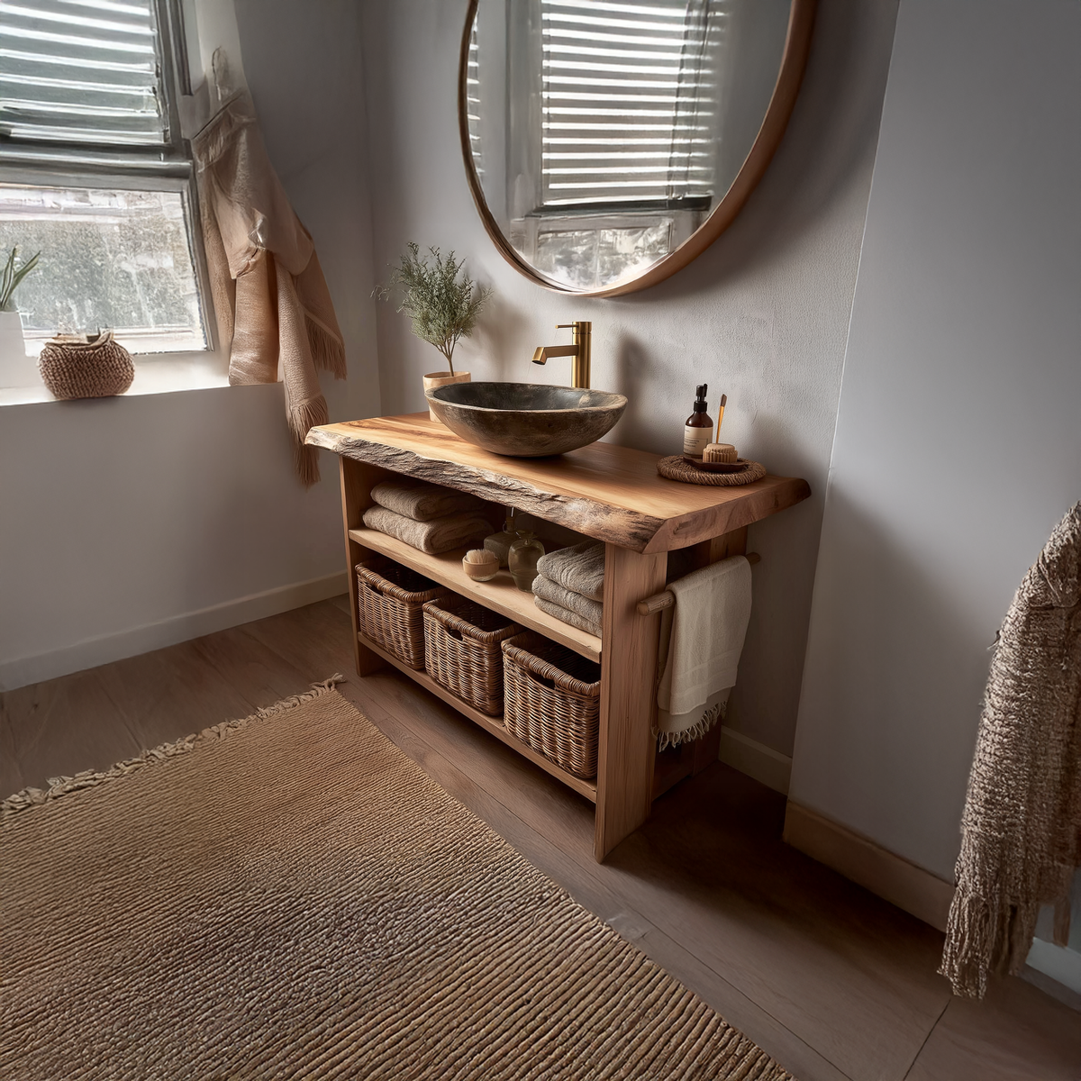 Rustic Bathroom Vanity with Open Storage, Live Edge Reclaimed Wood