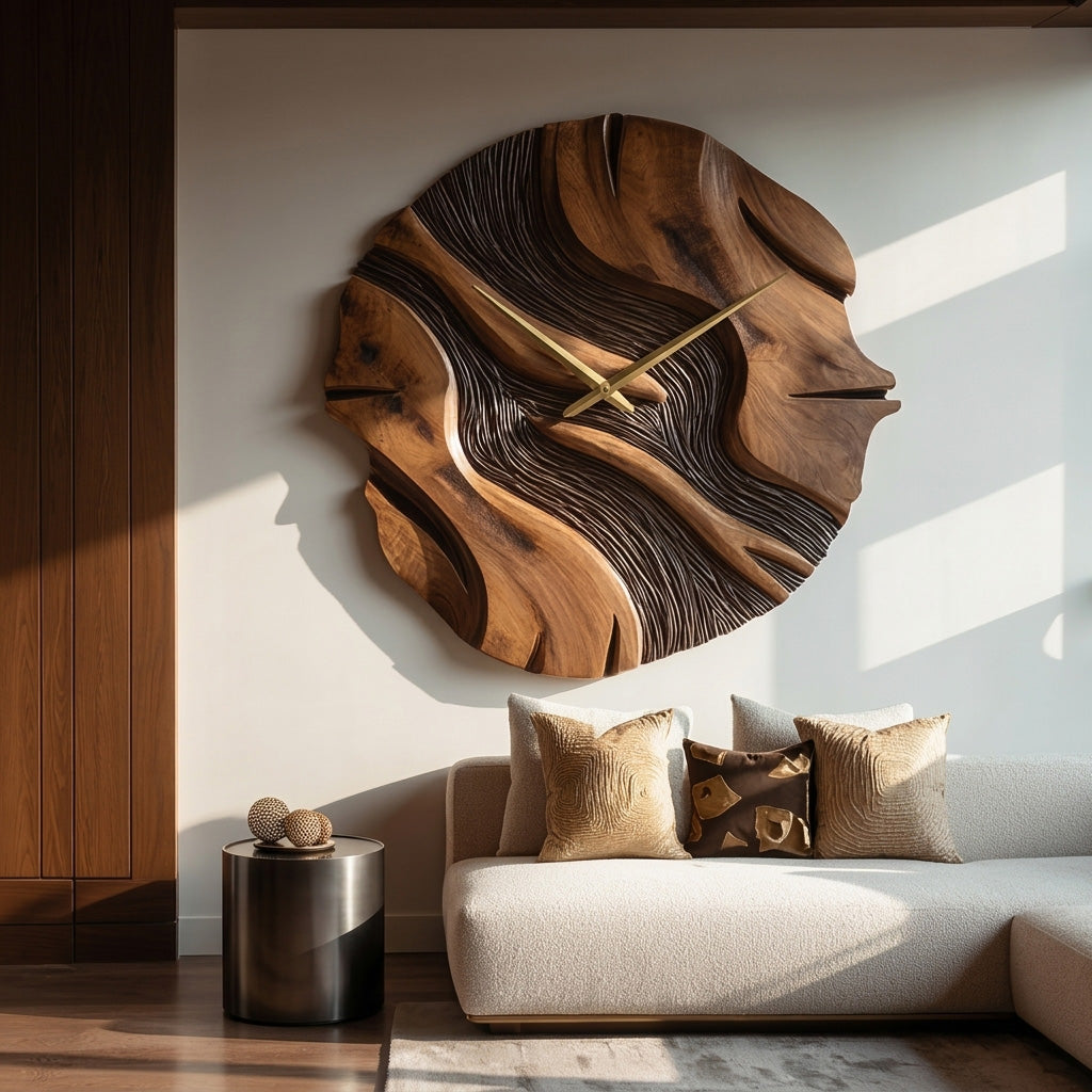 Organic Sculptural Wooden Wall Clock, Modern Abstract Hand-Carved Wood Clock