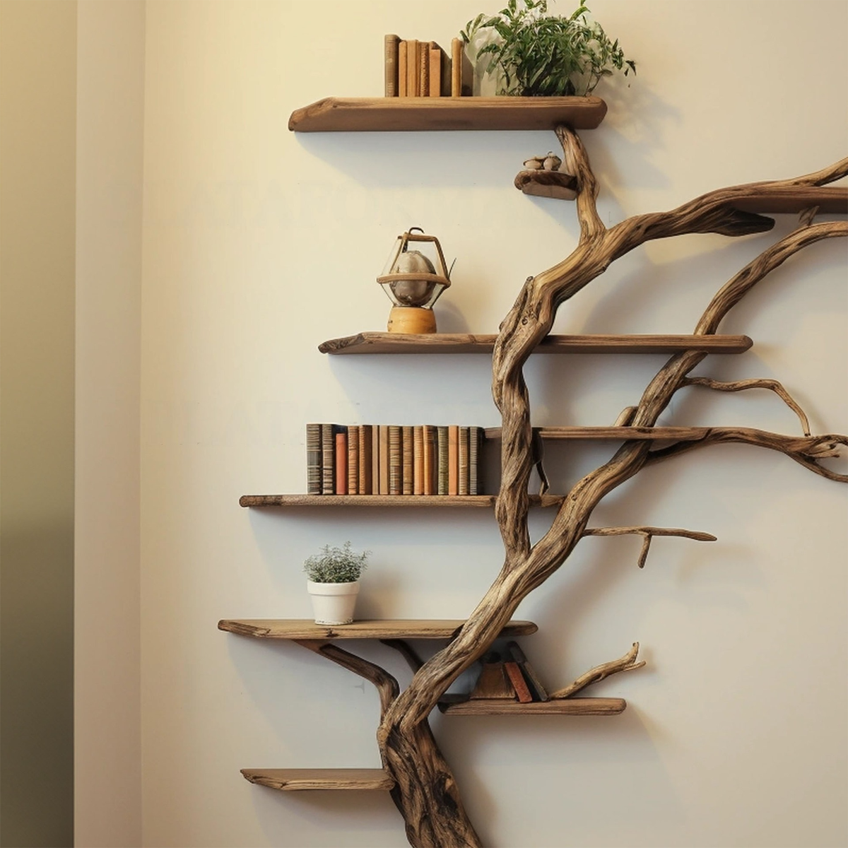 Tall Tree Shelf Wall Mount, Wild Mulberry Wood Bookcase in Dark Brown