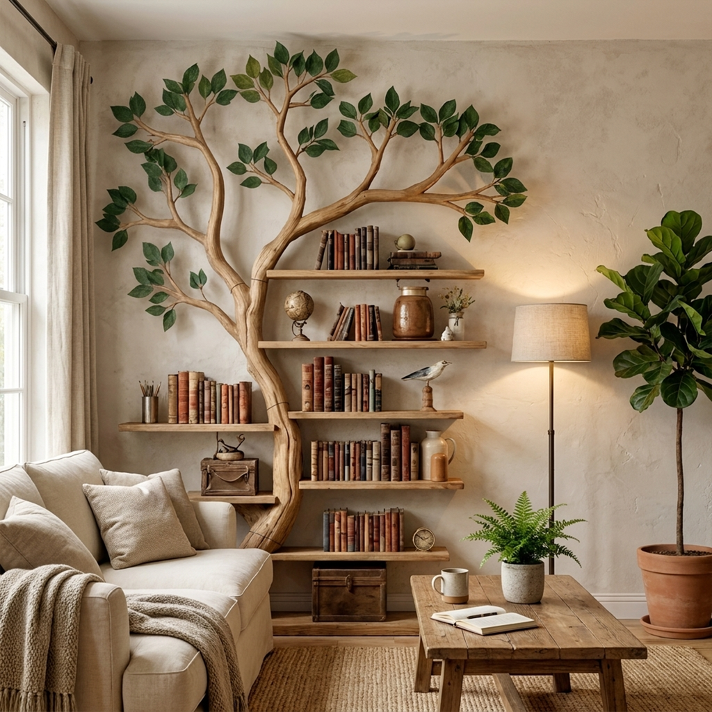 Tree Branch Bookshelf, Wall-Mounted Rustic Display for Living Room
