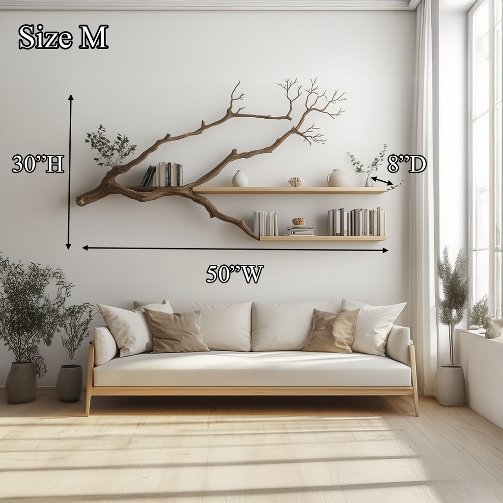 Tree Branch Wall Shelf, Rustic Solid Wood Floating Bookshelf