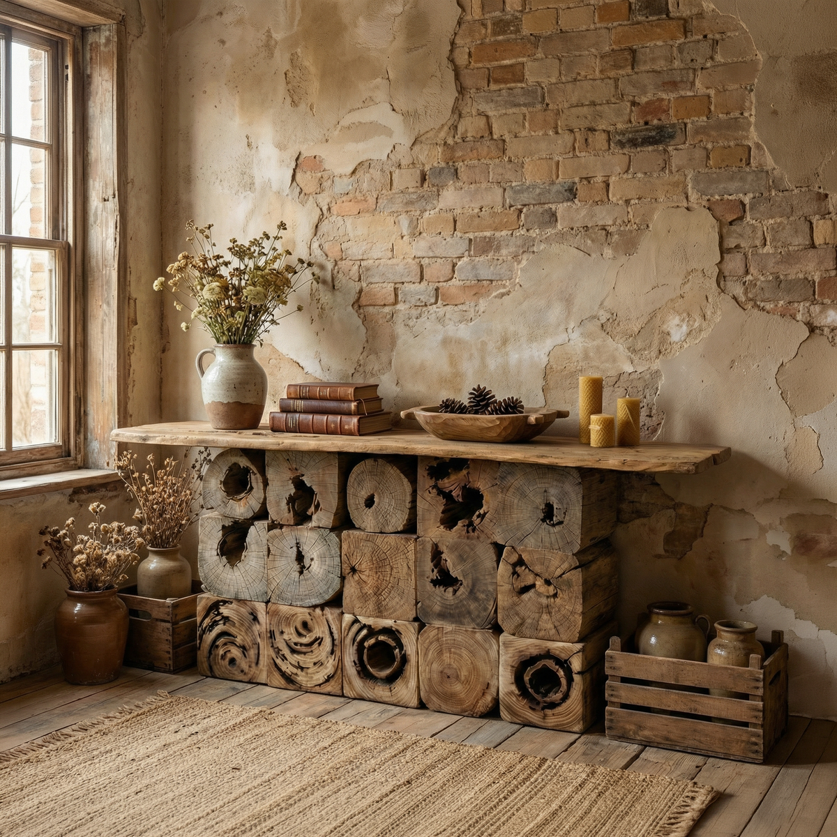 Log Console Table, Rustic Natural Wood Round Mosaic Entryway Table