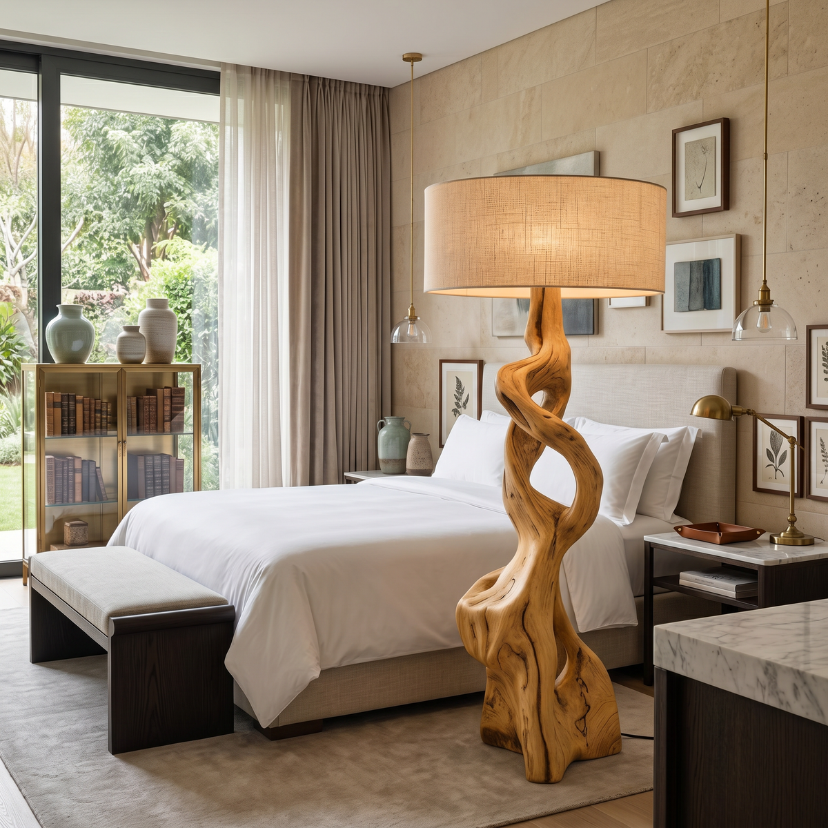 Carved Wood Floor Lamp, Sculptural Twisted Base for Living Room