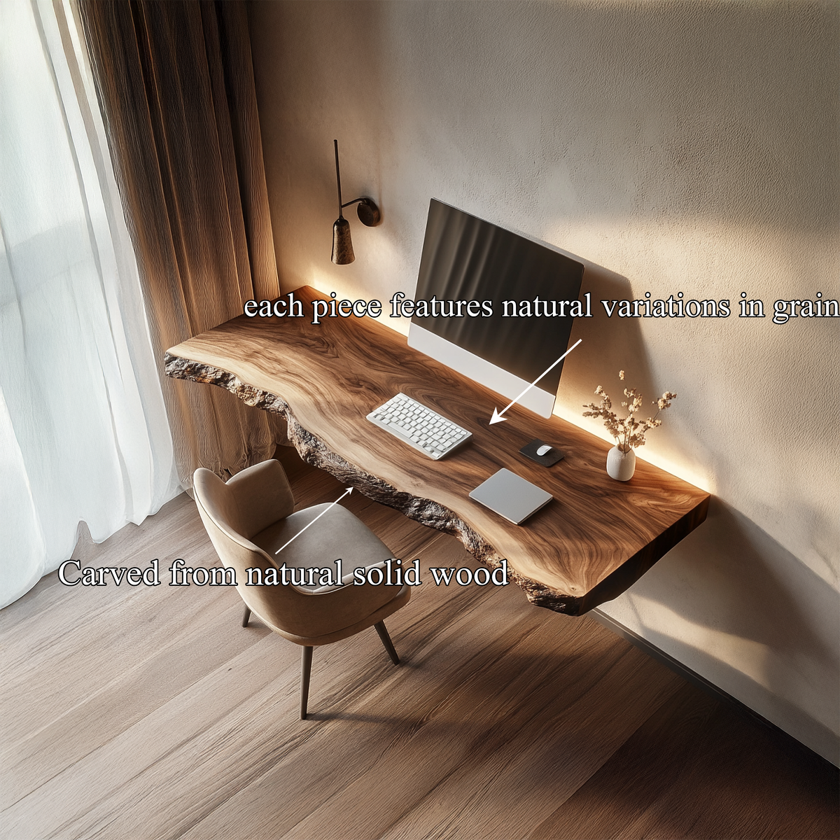 Handcrafted Floating Writing Desk Solid Wood Study Room Interior Statement Design