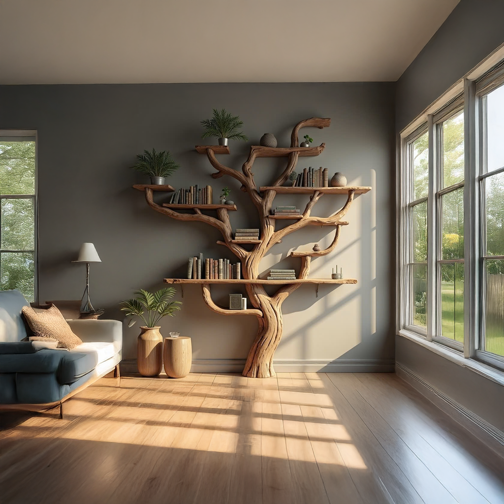 Corner Tree Branch Bookshelf, Wall Mounted Wood Bookcase