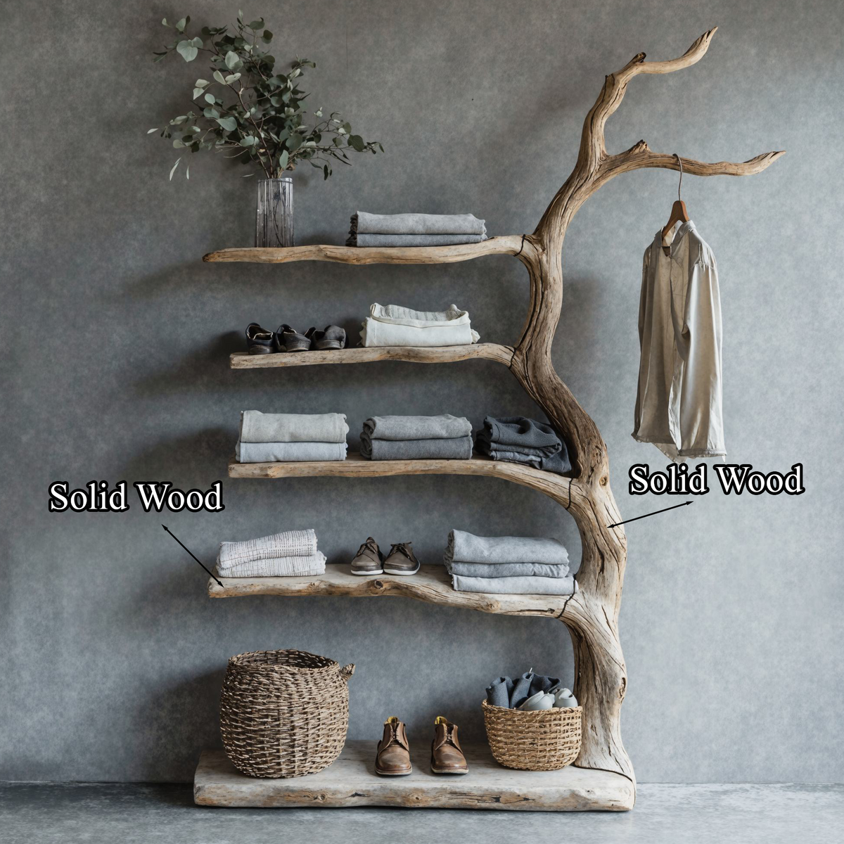 Driftwood Tree Branch Coat Rack With Shelf Shoe Storage