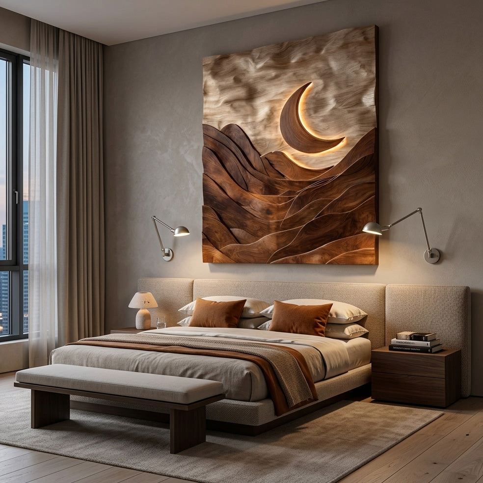Large Crescent Moon Wood Wall Art For Living Room