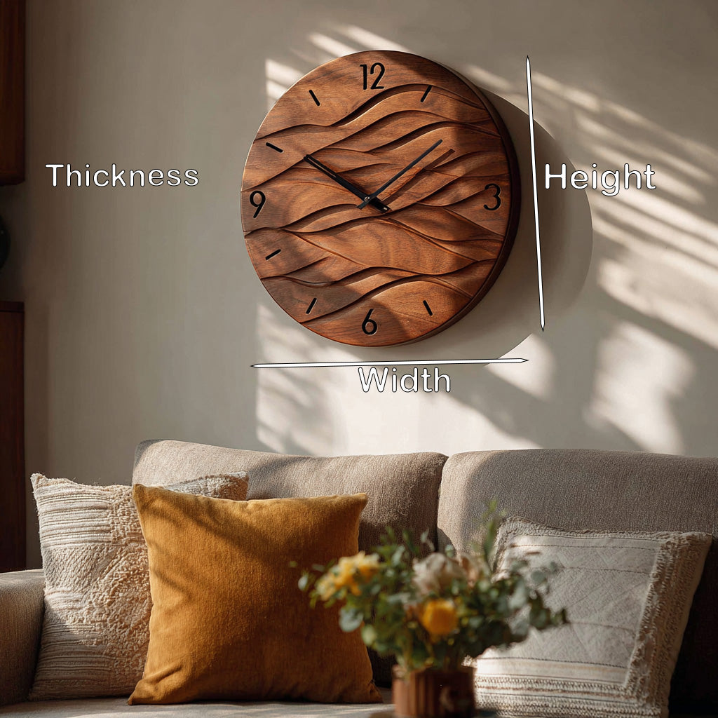 Organic Modern Wood Wave Wall Clock, 3D Hand-Carved Fluid Abstract Clock