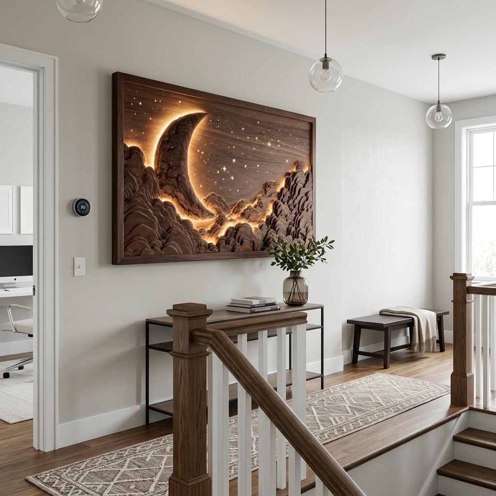 Moon and Stars Wood Wall Art, Hand-Carved Nursery and Bedroom Decor