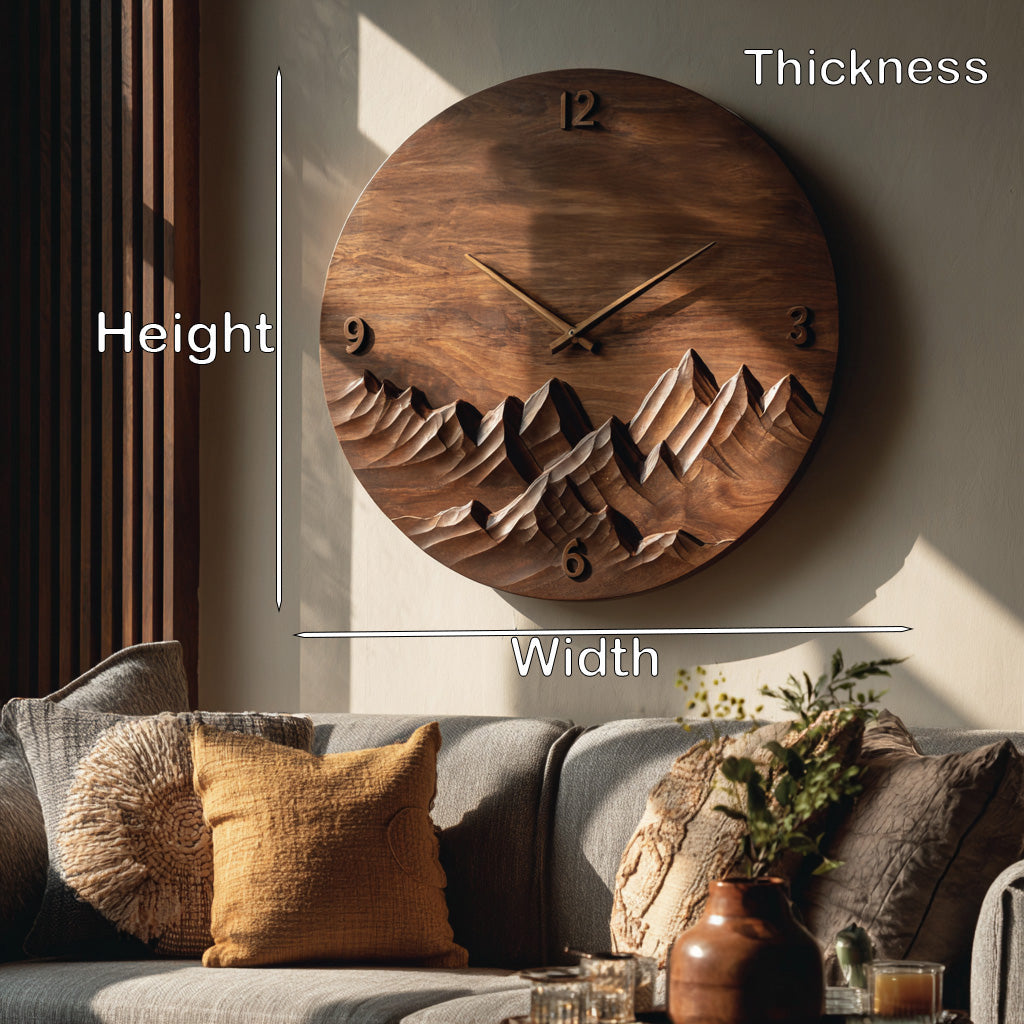Modern Wall Clock Mountain Landscape, Handcrafted Wooden Hanging Art Timepiece