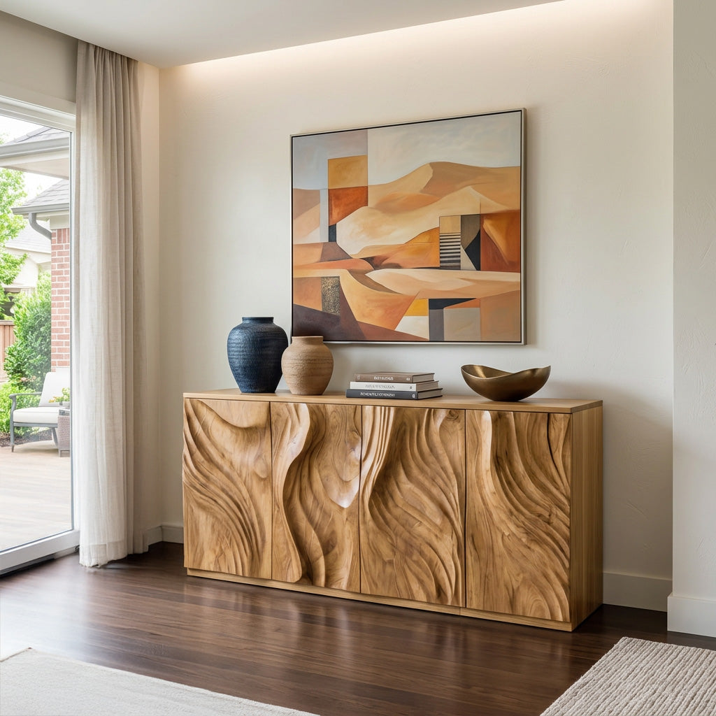 Sculpted Door Credenza, Mid Century Modern Solid Wood Sideboard