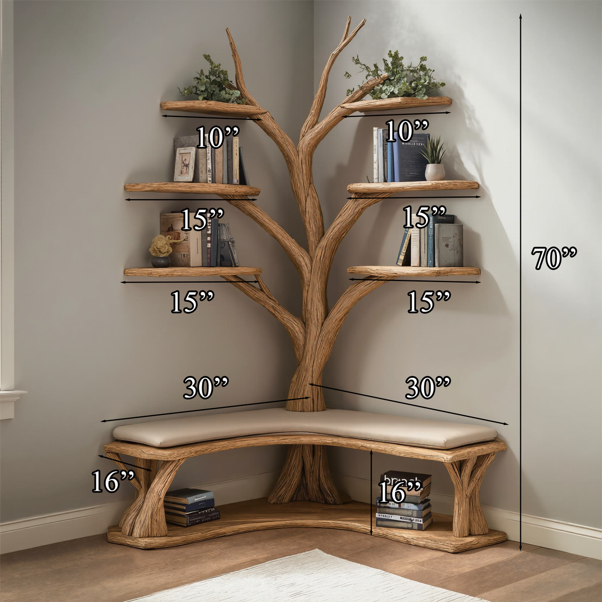 Driftwood Branch Floating Bookshelf Hall Tree With Wood Bench