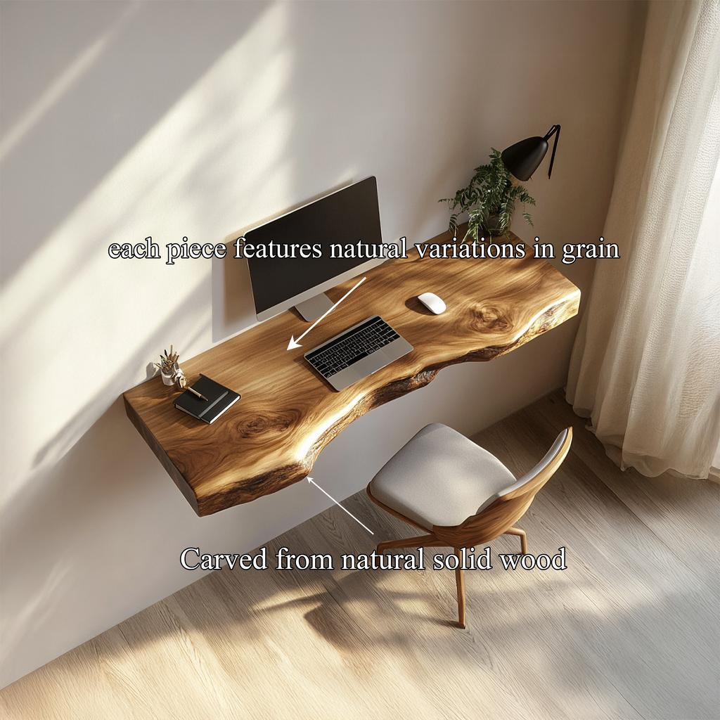 Live Edge Wall Desk, Handcrafted Solid Wood Floating Study Desk