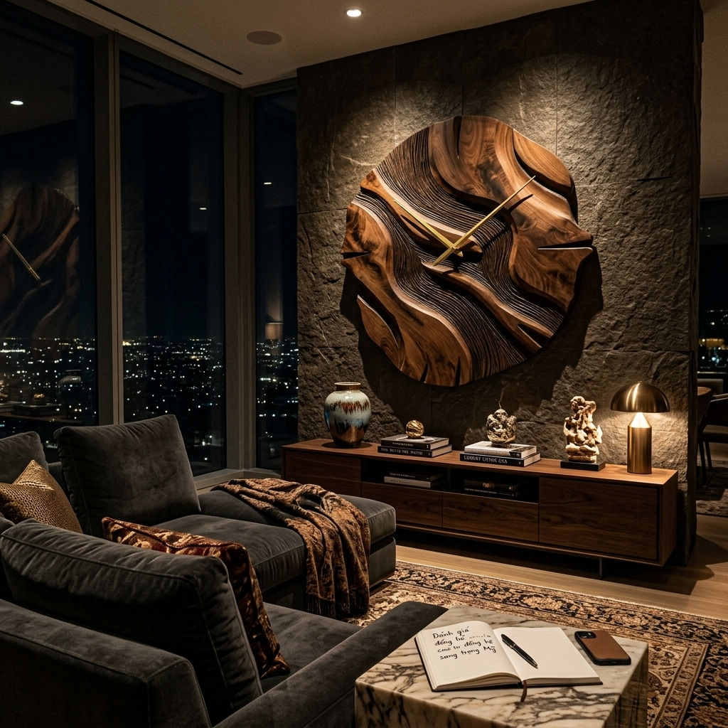 Organic Sculptural Wooden Wall Clock, Modern Abstract Hand-Carved Wood Clock