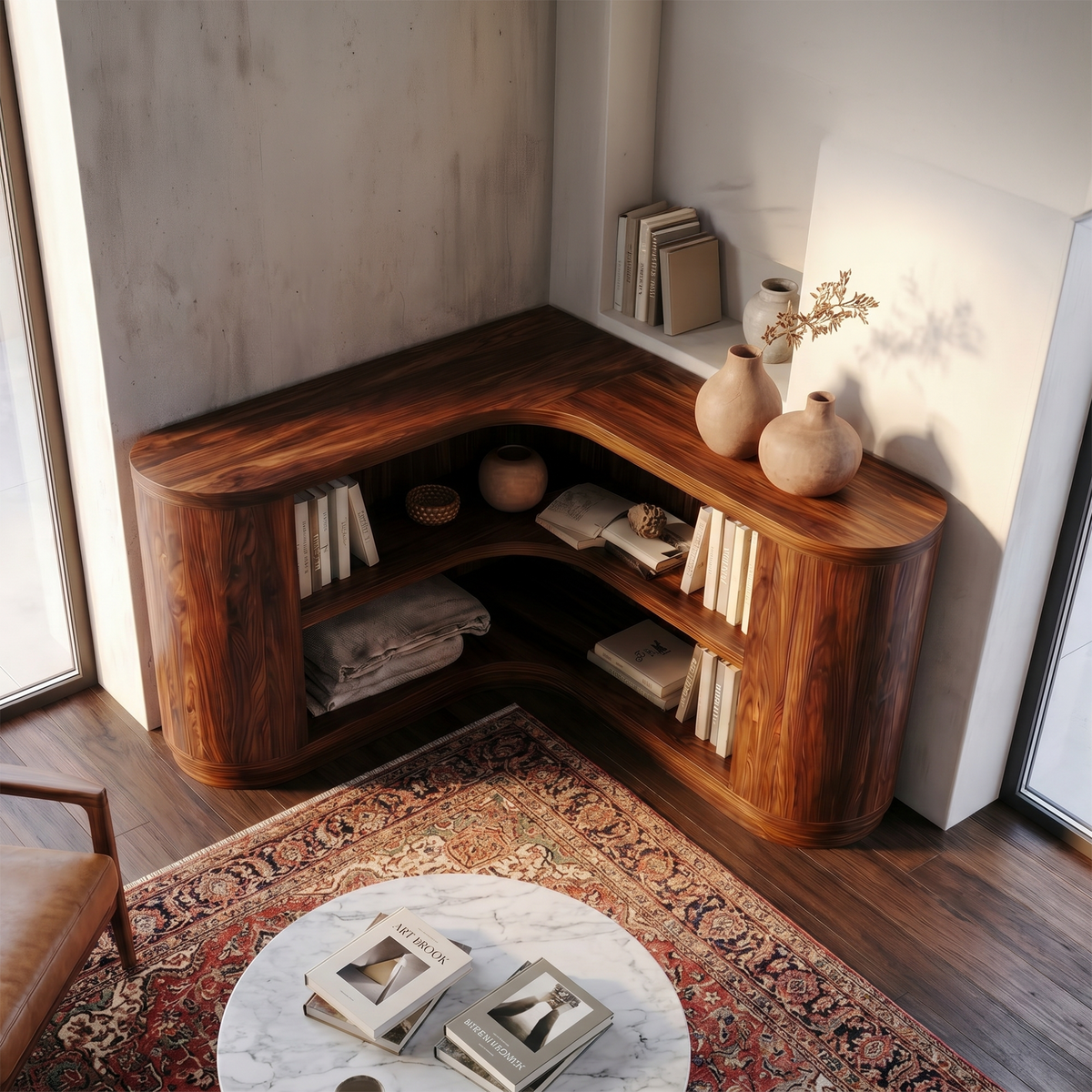Corner Bookshelf, Scandinavian Minimalist Solid Wood Open Shelving
