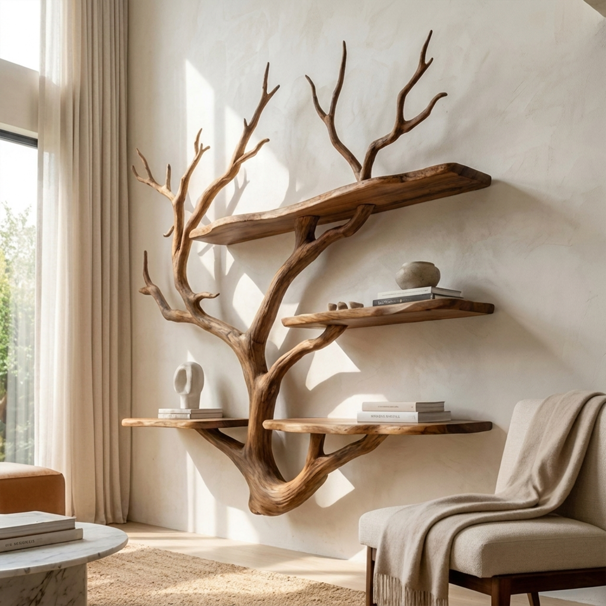 Sculptural Tree Wall Shelf, Branch Floating Bookshelf for Art Studio