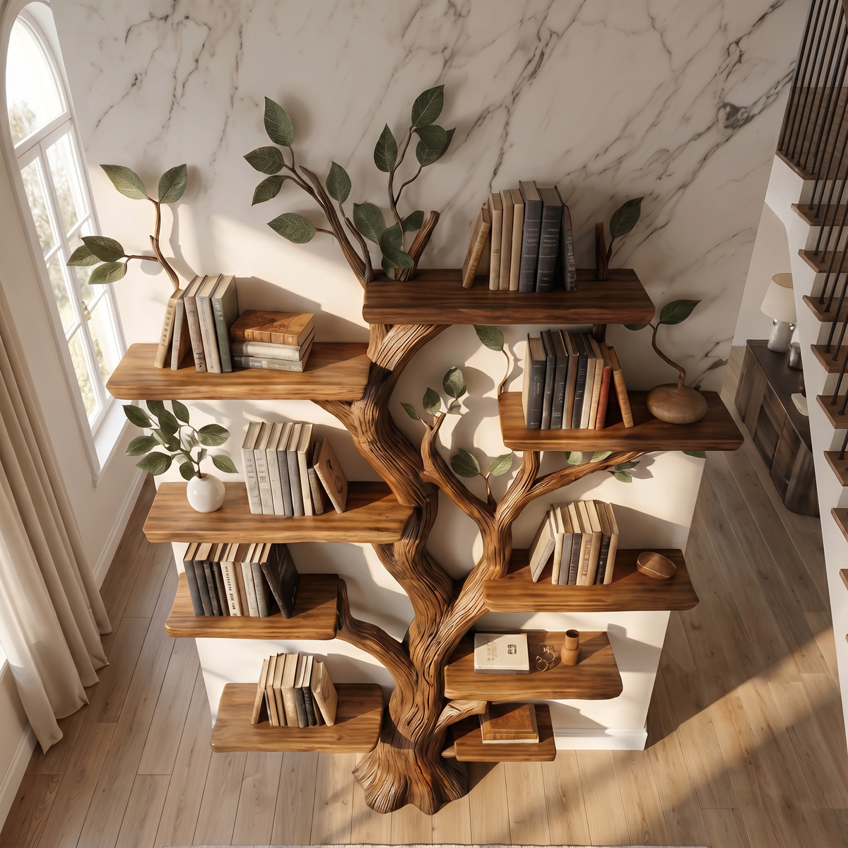 Tree Bookshelf, Large Rustic Solid Hardwood for Living or Study Room