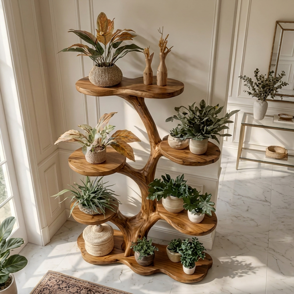 Tree Plant Shelf, Rustic Indoor Plant Stand from Old Tree Trunk