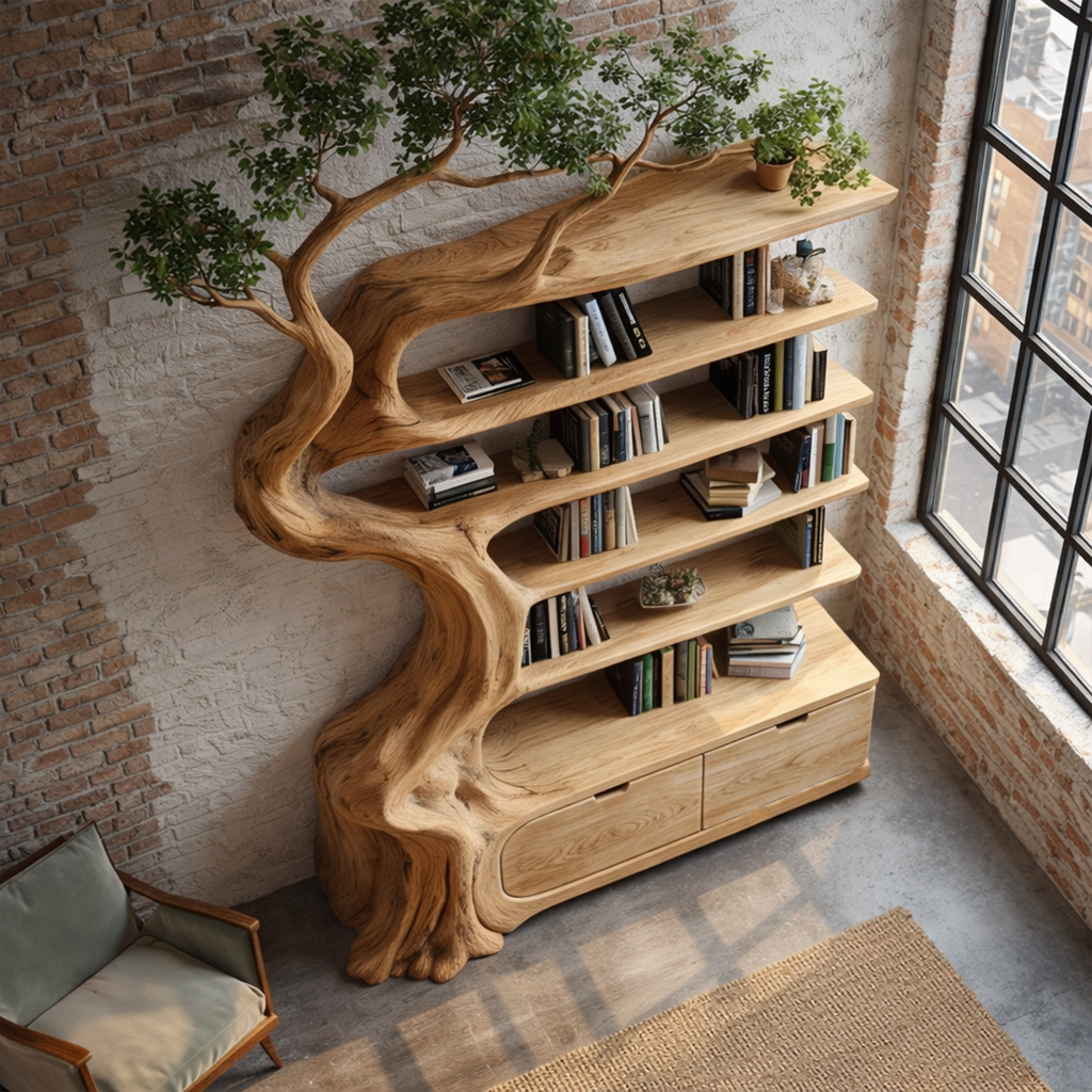 Tree Bookshelf with Storage Cabinet, Rustic Wood Branch Bookcase