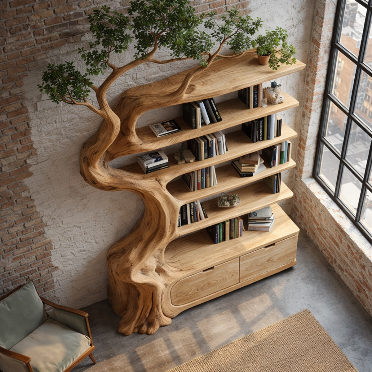 Tree Bookshelf with Storage Cabinet, Rustic Wood Branch Bookcase