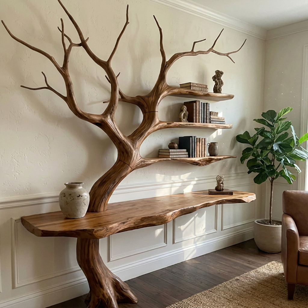 Tree Branch Console Table, Sculptural Solid Wood with Display Shelves