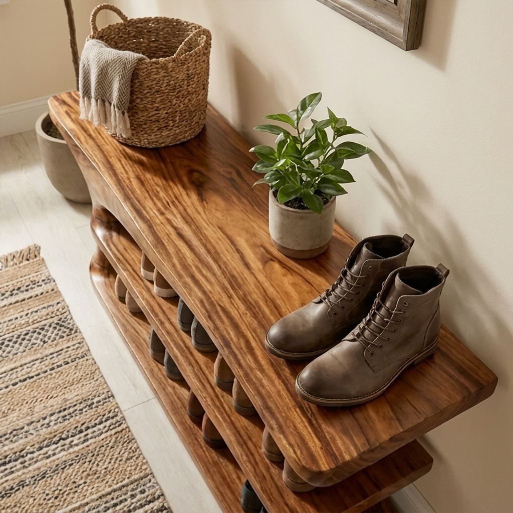 Hallway Shoe Bench, Mid Century Natural Wood Storage Bench