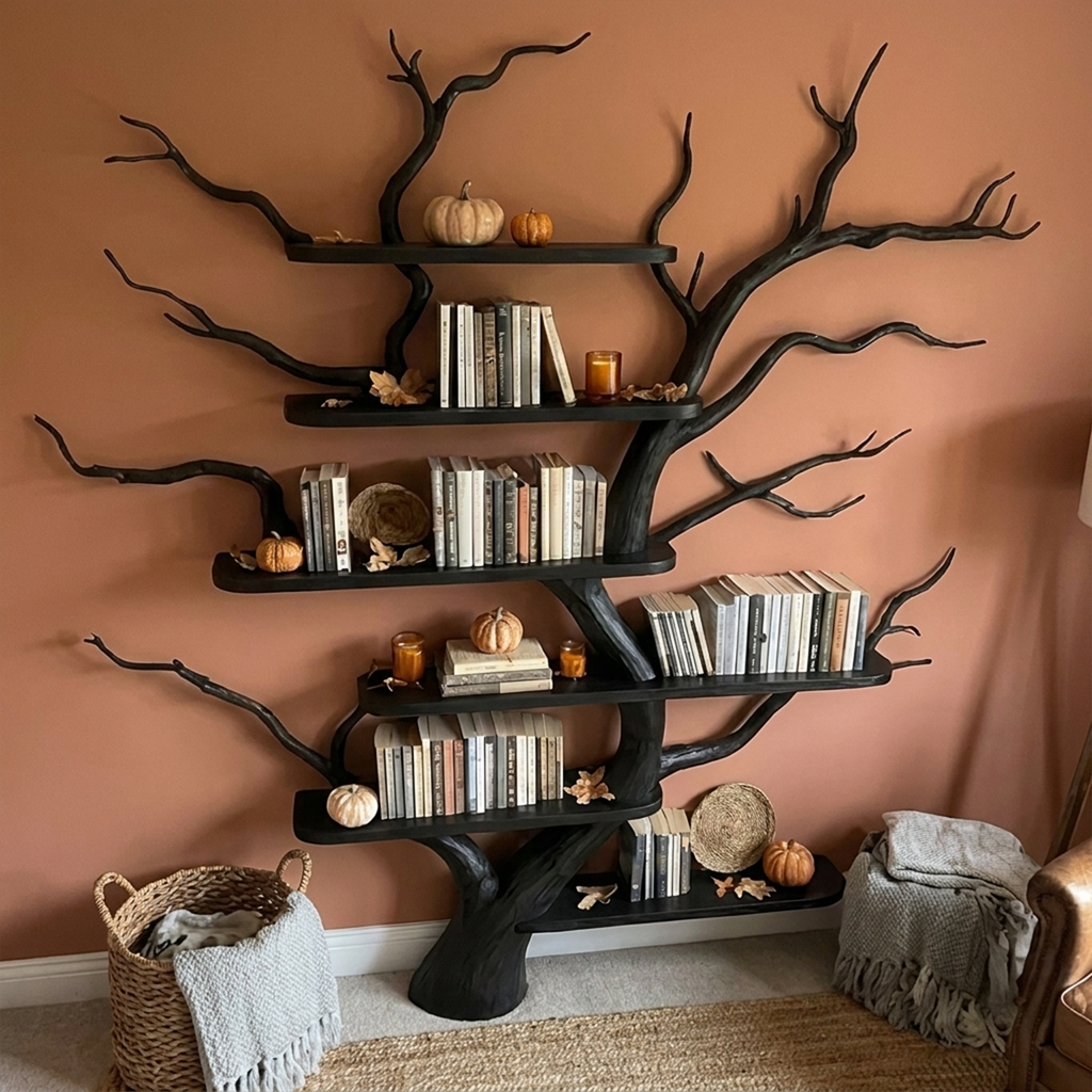 Tree Bookshelf, Mid Century Wall Mounted Solid Wood with Faux Leaves