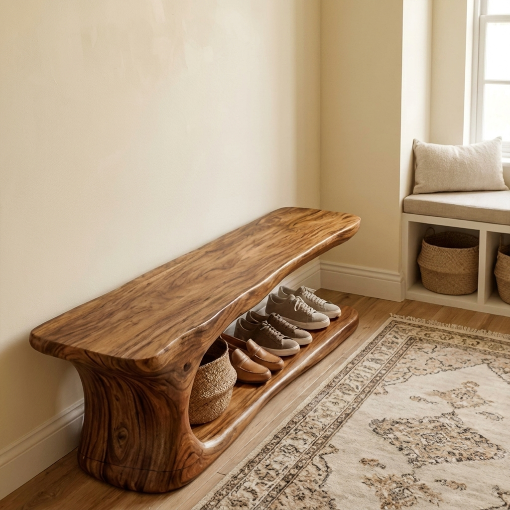 Entryway Shoe Bench, Rustic Live Edge Solid Wood Storage Seat