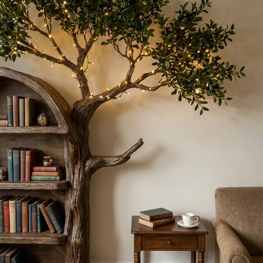 Rustic Tree Bookshelf, Wall Mounted Branch Display for Living Room