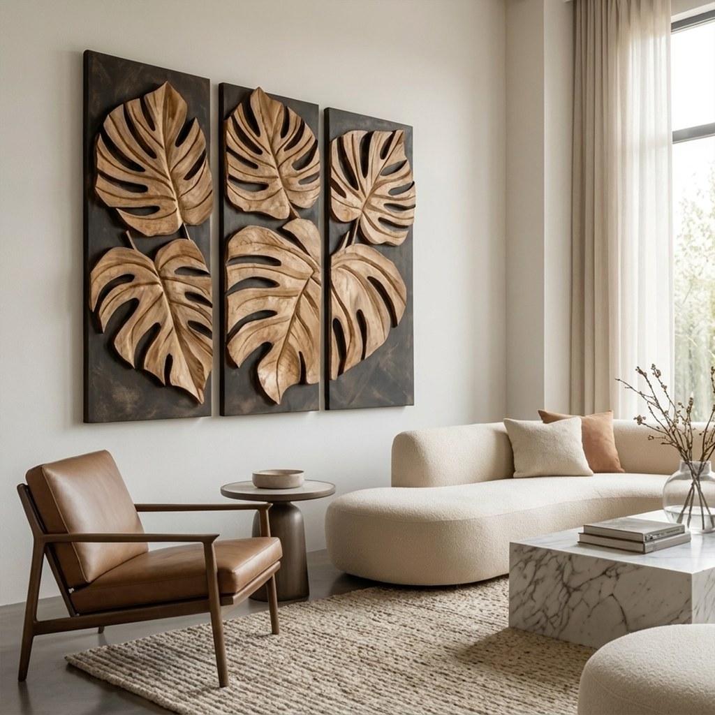 Carved Monstera Leaf Wall Art, Tropical Solid Wood Botanical Panel