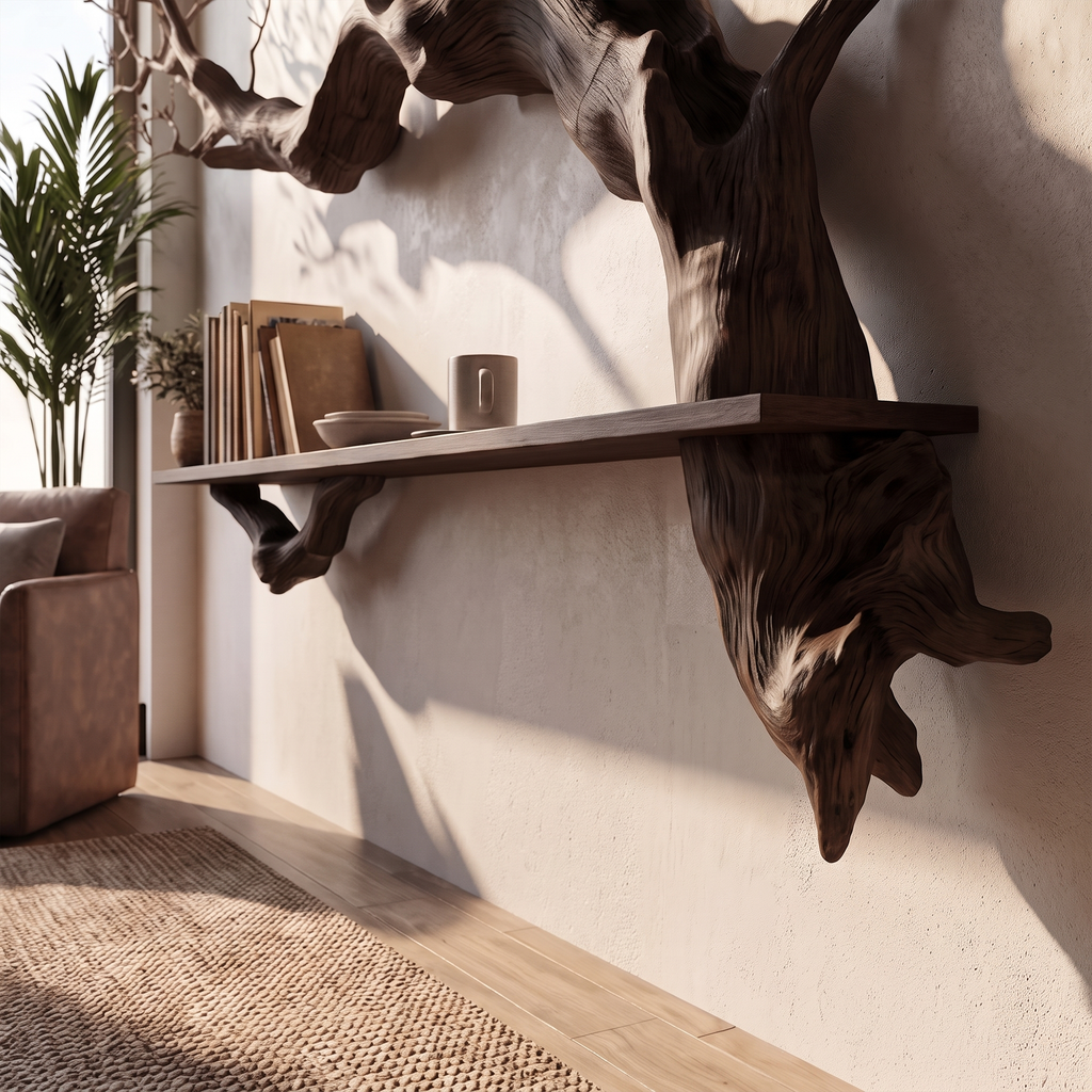Branch Floating Shelf, Rustic Slab Wood with Sculpted Tree Accent
