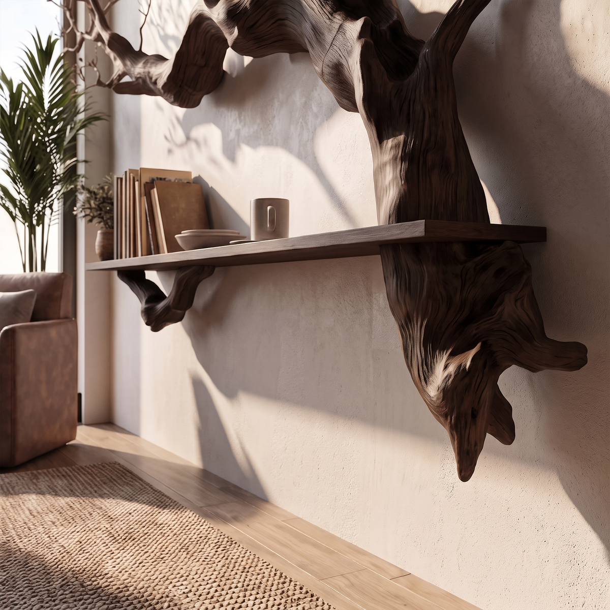 Branch Floating Shelf, Rustic Slab Wood with Sculpted Tree Accent